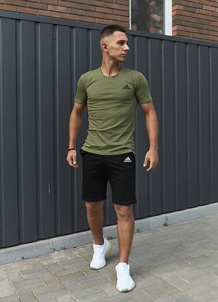 Мужской летний костюм adidas футболка + шорты хаки с черным комплект адидас (bon)