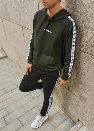 Чоловіче худі adidas хакі з лампасами важення осінні  ⁇  чоловіча кофта з капюшоном адідас (bon)2 фото