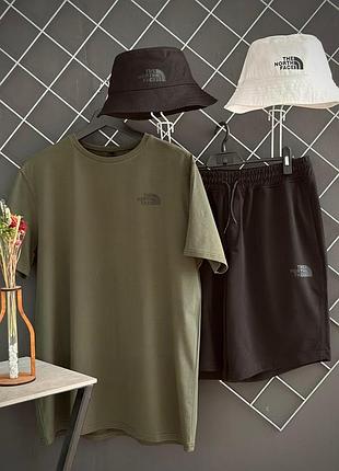Мужской летний костюм 3в1 the north face футболка + шорты+ панамка комплект зе норт фейс на лето хаки с черным