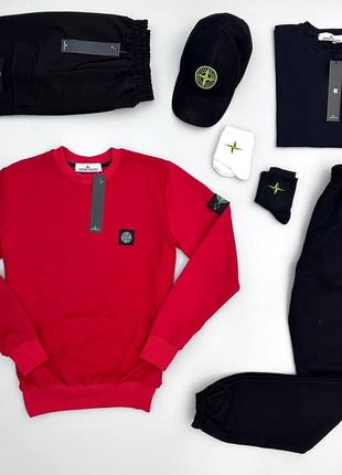 Чоловічий спортивний костюм stone island костюм + футболка + шорти + кепка червоний із чорним стон айленд (bon)