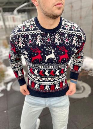 Чоловічий новорічний светр із оленями синій без горла вовняний (bon)