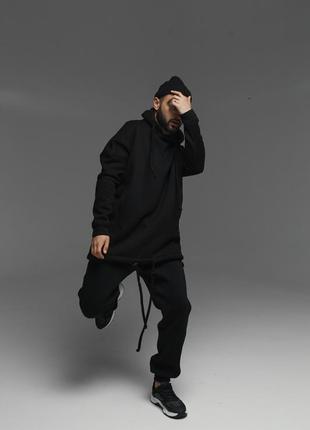 Мужской зимний спортивный костюм оверсайз черный со спущенными рукавами | комплект худи и штаны на зиму (bon)