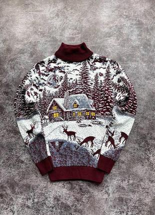 Мужской новогодний свитер с оленями и домиками бордовый с белым с горлом шерстяной   (bon)