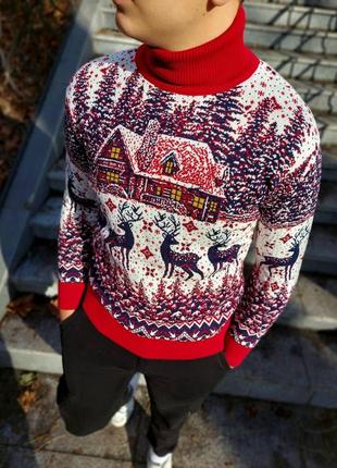 Мужской новогодний свитер с оленями и домиками красный с горлом шерстяной (bon)