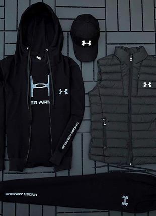 Чоловічий спортивний костюм under armour he комплект андер армор худі+штани+футболка+кепка+ліжка чорний (bon)2 фото