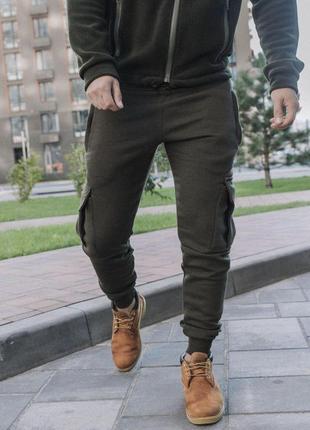 Чоловічі штани карго на флисі хаки закуплені ↓ зимні спортивні штани з кишенями по боках (bon)3 фото