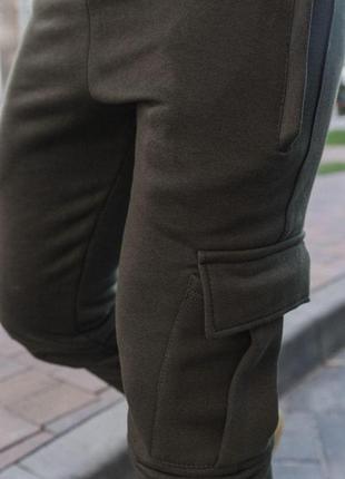 Чоловічі штани карго на флисі хаки закуплені ↓ зимні спортивні штани з кишенями по боках (bon)5 фото