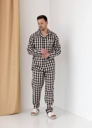 Чоловіча піжама в молочного кольору в чорну клітинку котонова (сорочка та штани). розміри s, m, l, xl6 фото