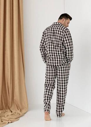 Чоловіча піжама в молочного кольору в чорну клітинку котонова (сорочка та штани). розміри s, m, l, xl5 фото