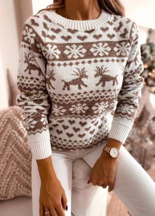 Женский новогодний свитер с оленями красный с белым без горла шерстяной (bon)8 фото