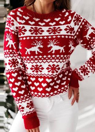 Жіночий новорічний светр з оленями червоний із білим без горла вовняний (bon)