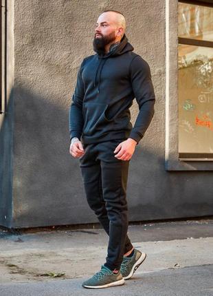 Чоловічий зимовий спортивний костюм чорний із капюшоном  ⁇  комплект худі та штани на флісі (bon)