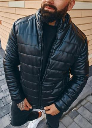 Мужская кожаная куртка демисезонная asos теплая черная без капюшона | пуховик кожаный мужской весенний (bon)6 фото