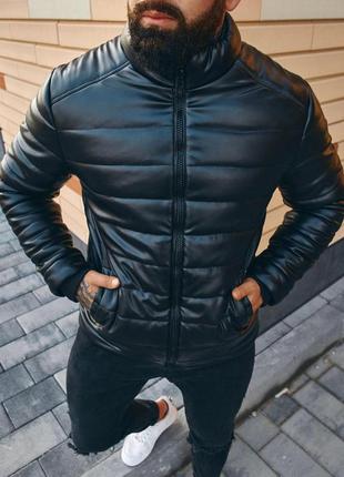 Мужская кожаная куртка демисезонная asos теплая черная без капюшона | пуховик кожаный мужской весенний (bon)3 фото