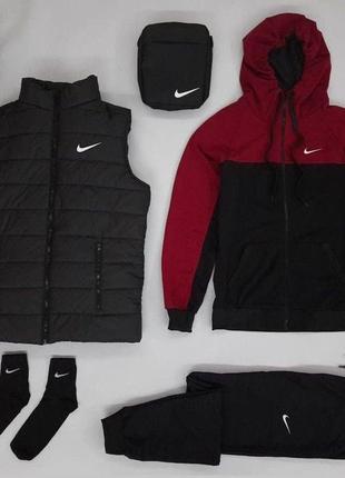 Чоловічий спортивний костюм nike чорний із червоною весняною жилеткою + месенджер + кепка + шкарпетки (bon)