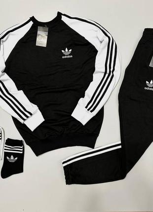 Чоловічий спортивний костюм adidas чорний із білим без капюшона весняний  ⁇  комплект адідас світшот і штани (bon)