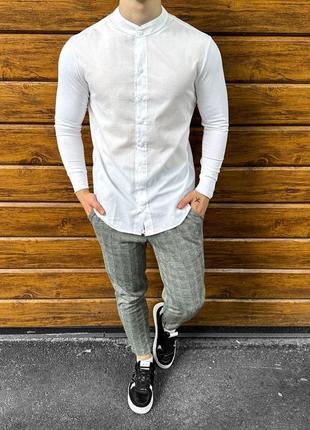Мужской классический костюм рубашка + брюки белый с серым повседневный в клетку (bon)