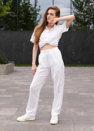 Женский летний костюм льняной рубашка + штаны белый повседневный (bon)6 фото