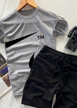 Чоловічий літній костюм футболка + шорти nike big swoosh сірий із чорним комплектом найк (bon)