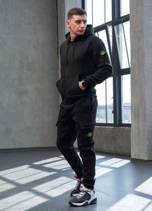 Мужской зимний спортивный костюм stone island черный на флисе комплект толстовка + штаны стон айленд (bon)