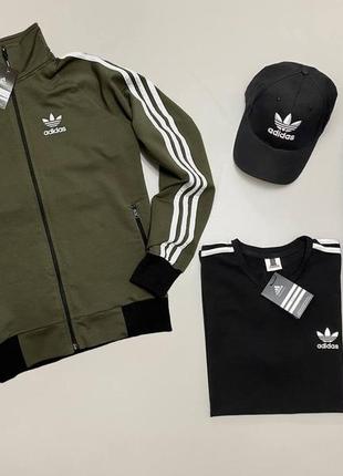 Мужской спортивный костюм adidas 4в1 хаки с черным с полосами без капюшона адидас весенний осенний (bon)