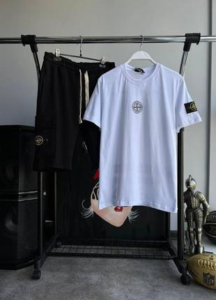 Чоловічий літній костюм футболка + шорти stone island чорно-білий з патчем стон айленд (bon)