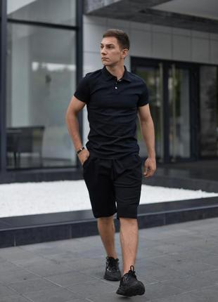 Мужской костюм летний льняной черный flax комплект футболка поло + шорты из льна (bon)2 фото