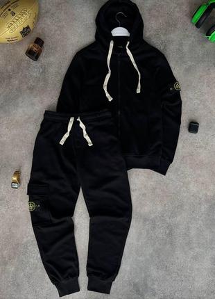 Мужской спортивный костюм stone island толстовка + штаны черный с капюшоном на молнии стон айленд (bon)