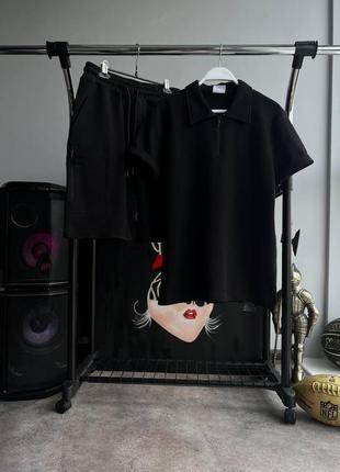 Мужской летний оверсайз костюм футболка со змейкой + шорты черный комплект на лето из хлопка (bon)