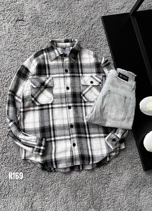 Мужская байковая рубашка оверсайз в клетку синяя с черным утепленная кашемир (bon)