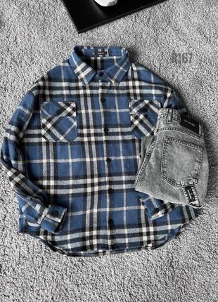 Мужская байковая рубашка оверсайз в клетку синяя с черным утепленная кашемир (bon)