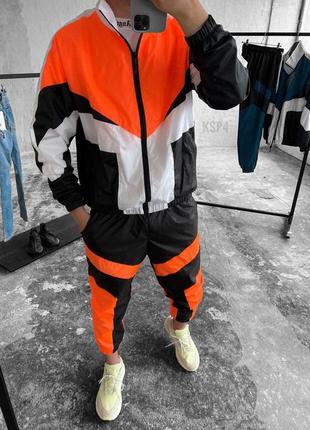 Мужской спортивный костюм из плащевки ветровка + штаны черный с оранжевым весенний осенний (bon)