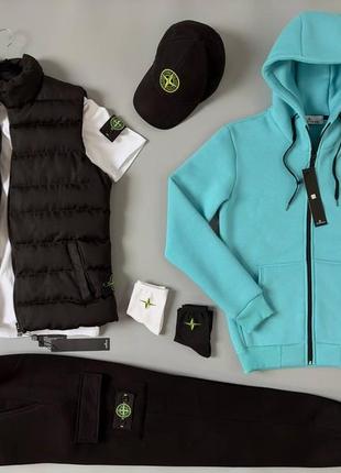 Чоловічий зимовий спортивний костюм stone island бірюзовий на флісі + жилетка + футболка + кепка стон айленд (bon)