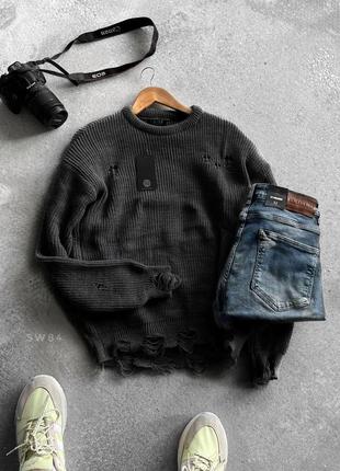 Мужской рваный свитер оверсайз бежевый шерстяной теплый кофта с дырками на зиму без горла (bon)6 фото