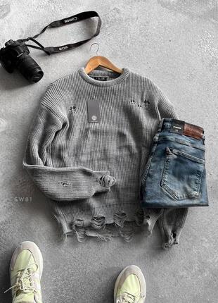 Мужской рваный свитер оверсайз бежевый шерстяной теплый кофта с дырками на зиму без горла (bon)5 фото
