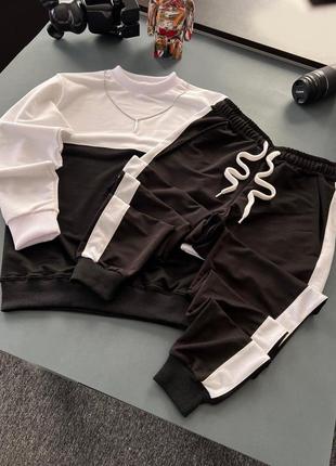 Мужской спортивный костюм белый с черным без капюшона весенний осенний комплект худи и штаны (bon)1 фото