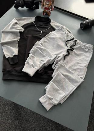 Чоловічий спортивний костюм білий із чорним без капюшона весняний осінній комплект худі та штани (bon)2 фото