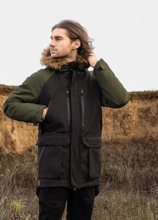 Мужская зимняя парка хаки с черным до -28*с с мехом | зимняя удлиненная куртка с капюшоном (bon)