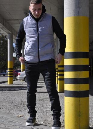 Чоловічий зимовий спортивний костюм + жилетка без капюшона сірий із чорним  ⁇  комплект худі та штани (bon)4 фото