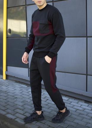 Мужской зимний спортивный костюм черный с бордовым без капюшона | комплект свитшот и штаны на флисе (bon)