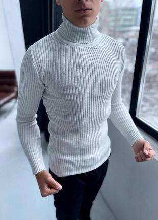 Мужской классический зимний свитер шерстяной в рубчик серый утепленный под горло (bon)2 фото
