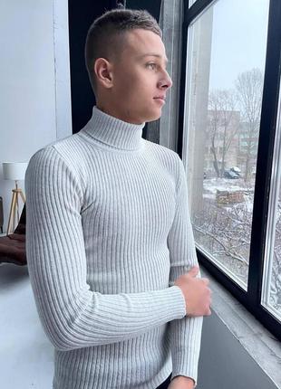 Мужской классический зимний свитер шерстяной в рубчик серый утепленный под горло (bon)5 фото