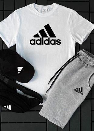 Мужской летний костюм adidas футболка + шорты + кепка + барсетка в подарок белый с серым комплект (bon)