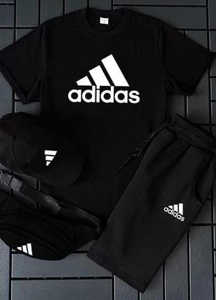 Мужской летний костюм adidas футболка + шорты + кепка + барсетка в подарок белый с серым комплект (bon)4 фото