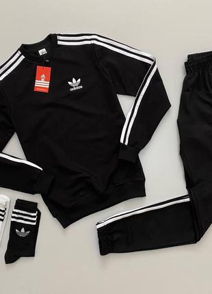 Чоловічий спортивний костюм adidas чорний без капюшона весняний осінній  ⁇  комплект адідас світшот і штани (bon)