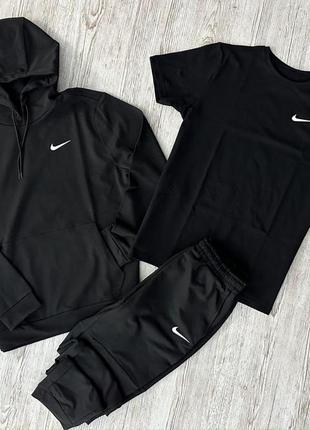 Мужской спортивный костюм nike 3в1 черный весенний осенний | комплект худи + штаны + футболка найк (bon)