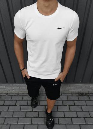 Мужской летний костюм nike футболка + шорты белый с черным комплект найк (bon)1 фото