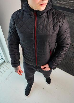 Мужская стеганная спортивная куртка на весну с капюшоном хаки с подкладкой вышивка в ромбик   (bon)9 фото