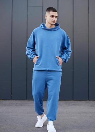 Чоловічий спортивний костюм оверсайз синій базовий осені he комплект худі і штани (bon)