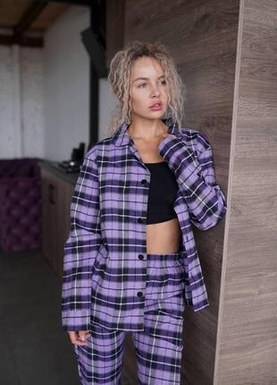 Жіноча піжама фланелева тепла комплект сорочка та штани картата фіолетова (bon)